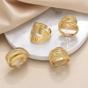 Vintage Geometric Copper Zirconia Open Ring Gold Plated Ribbed Double Layer Adjustable Ring For Women Luxury Jewelry