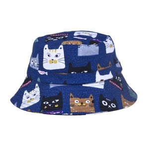 Navy blue bucket hat with cartoon cat print, premium canvas sun protection headwear
