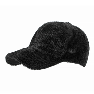 Classic black plush baseball cap for women with warm faux fur texture and curved brim