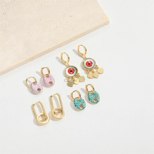 Bohemian evil eye and paperclip chain earring set in gold-plated metal with enamel detail