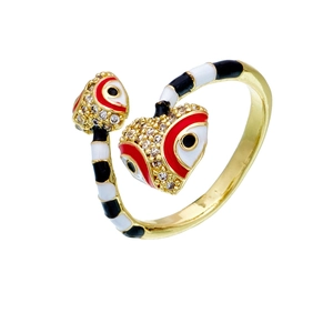 Adjustable 18K gold snake-style heart ring with enamel stripes and zircon accents