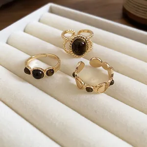 18k gold plated tiger eye ring set featuring three adjustable vintage style stackable rings