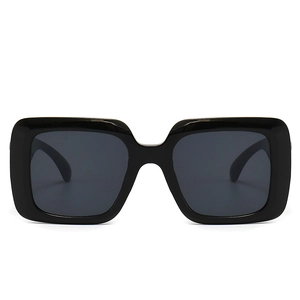 Fashionable oversized square black sunglasses for women with wide hollowed-out temples
