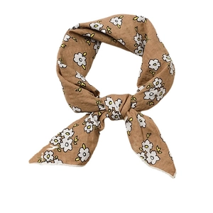 Brown floral linen cotton small square scarf neckerchief for women in knotted style