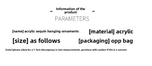 Detailed product parameters of clear acrylic sequin ornaments with OPP bag packaging info