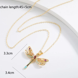 Elegant gold-plated dragonfly pendant necklace with colorful cubic zirconia and adjustable chain