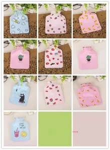 Collage of mini hot water bottles with various fruit patterns like lemon and strawberry