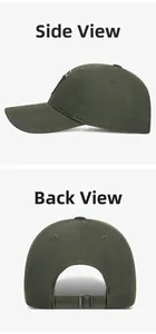 Detailed side and back view of a green cotton baseball cap with adjustable metal buckle