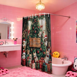Detail showing Christmas cat pattern shower curtain with metal hooks in a pink bathroom