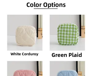 Collage of quilted corduroy and plaid sanitary storage bags in multiple pastel colors