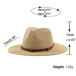 Retro straw cowboy hat with brown leather band and detailed size measurements shown