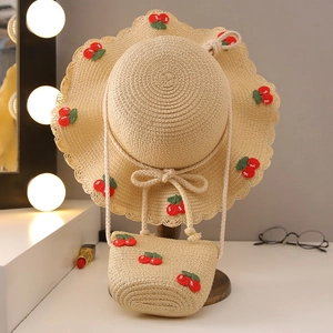 Girls Straw Sun Hat And Mini Crossbody Bag Cherry Embroidery Wavy Brim Summer Beach Vacation Breathable