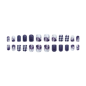 Short square press-on nails with purple marble and black checkerboard patterns