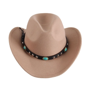 Light brown felt western cowboy hat featuring a black leather band with turquoise beads