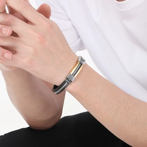 Men's titanium steel silicone bracelet with geometric gold buckle and woven silver mesh
