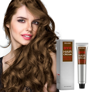 Detailansicht der EELHOE braunen Haarfärbecreme Verpackung mit Model und schönem braunem Haar.