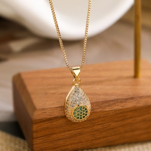 18K gold plated teardrop pendant necklace with sparkling green and white crystals