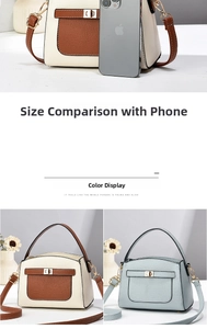 Detail showing contrast color crossbody bag size comparison with phone and color options