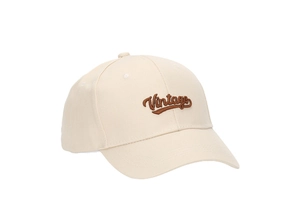 Close-up of vintage brown embroidery on a cream cotton twill sun visor baseball cap