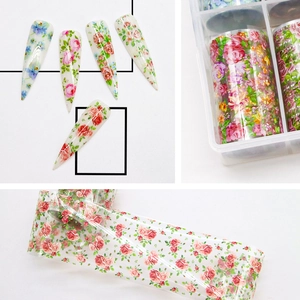 Floral nail transfer stickers set featuring rose patterns and finished nail art design