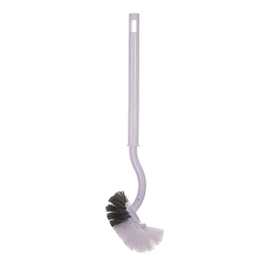 S-shaped curved toilet brush with long white handle and dual-color bristles