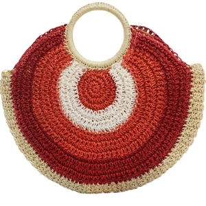 Handwoven round straw crossbody bag with colorful concentric patterns for summer