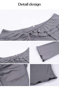 Detailed close-up showing ruffle edges, pleated texture and cuff stitching of a grey Y2K top