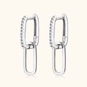 Elegant S925 silver double-link U-chain earrings featuring pavé moissanite accents