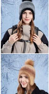 Detail view of gradient knit winter hats with faux fur pom-poms and ear protection