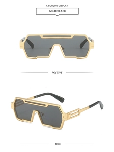 Detailed front and side view of metallic punk oversized sunglasses in gold and black