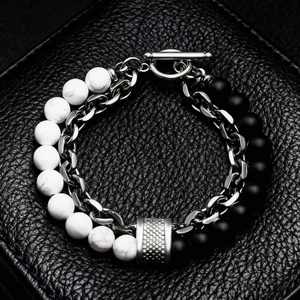Men's map stone beaded bracelet with stainless steel chain and OT clasp on black leather