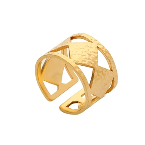 Adjustable golden hollow geometric stainless steel ring with textured surface on white backdrop
