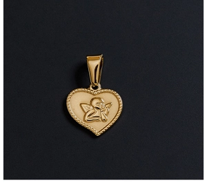 Macro view of 18K gold plated heart pendant featuring a detailed cherub angel relief