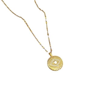 Minimalist gold titanium evil eye pendant necklace with micro-pave cubic zirconia stones
