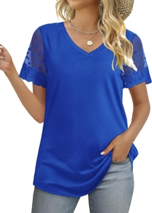 Close-up of blue V-neck t-shirt featuring elegant lace mesh splicing short sleeves
