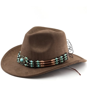 Chapeau Cowboy Occidental Daim Large Bord Vintage Ethnique Perles Turquoise Chapeau Jazz Protection Solaire Style Boho Femmes Hommes