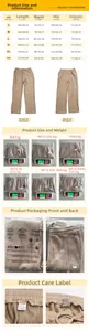 Size chart and fabric details for men's striped wide leg trousers with weight info
