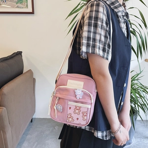Sac bandoulière rose kawaii avec poche transparente et pendentif ours pour élèves