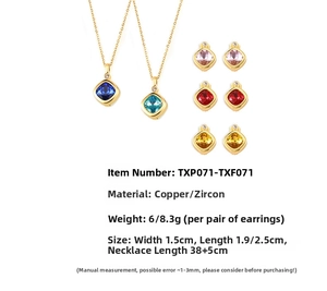 Detailed grid of gold-plated copper jewelry sets with multi-color zircon stone inserts