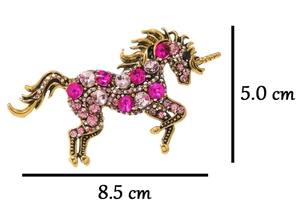 Detailed dimensions of a vintage gold unicorn brooch with sparkling pink rhinestones