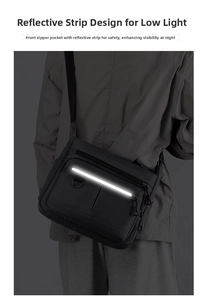 Detail of high-visibility reflective strip on black commuter crossbody bag for men