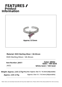 Detail view of adjustable S925 sterling silver ring with textured band and purple zircon