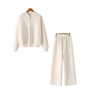 Cream zip-up bomber jacket and high-waist joggers lounge set for women on white background