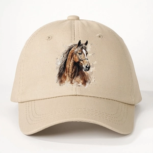 Classic khaki cotton baseball cap featuring a detailed horse head print for outdoor leisure