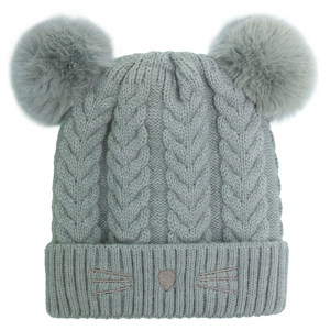 Detail of grey knitted baby hat with dual pom-poms and embroidered cat whiskers