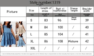Size chart for women's denim dress listing length, bust, sleeve, and shoulder measurements