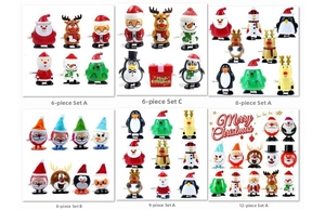 Collage of Christmas wind-up toy sets including Santa, reindeer and snowman figures