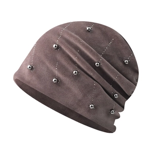 Women's chenille knit beanie with silver metal beads and stylish side slouchy pleats