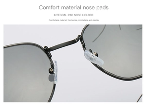 Detail macro view of soft transparent silicone nose pads on black metal square sunglasses