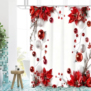 Detailed view of Christmas shower curtain with red poinsettia and silver pine patterns